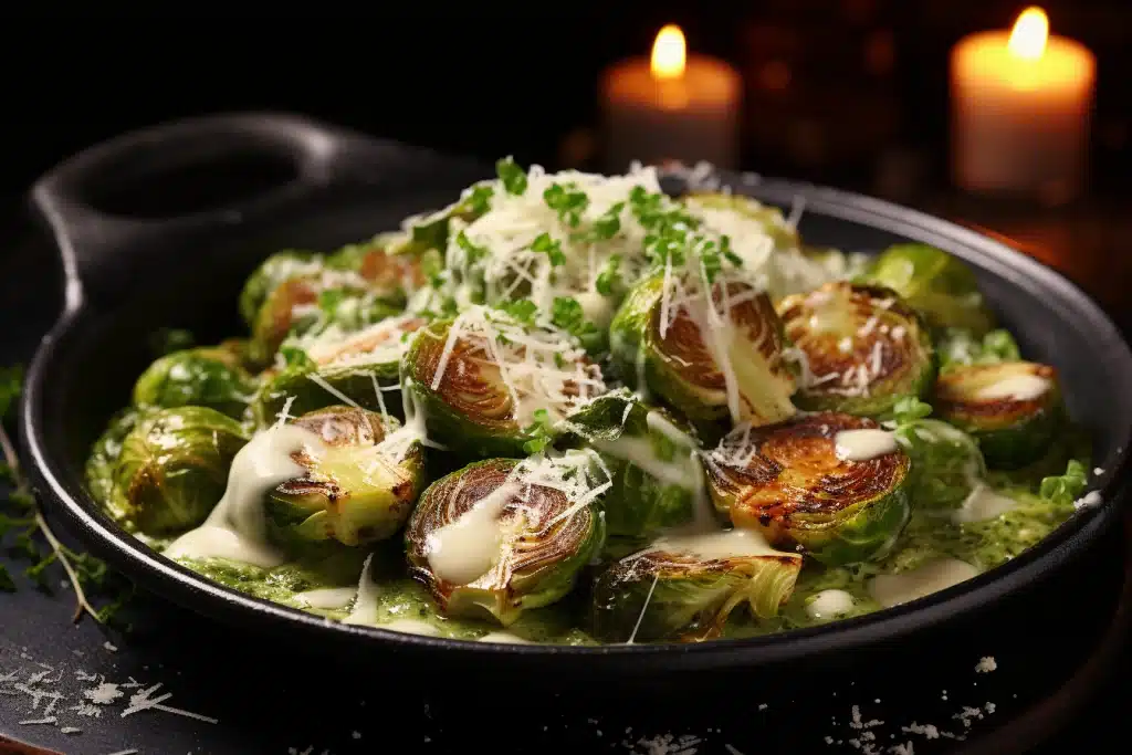 Keto Creamy Garlic Parmesan Brussels Sprouts