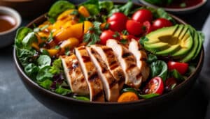 Grilled chicken salad on a plate: high cholesterol diet