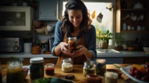 a woman looking at a bottle that has her daily supplement inside