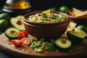 guacamole on a wooden bowl: keto global cuisines