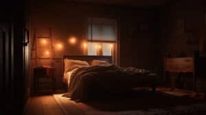 Interior of a modern bedroom with a double bed and a lamp