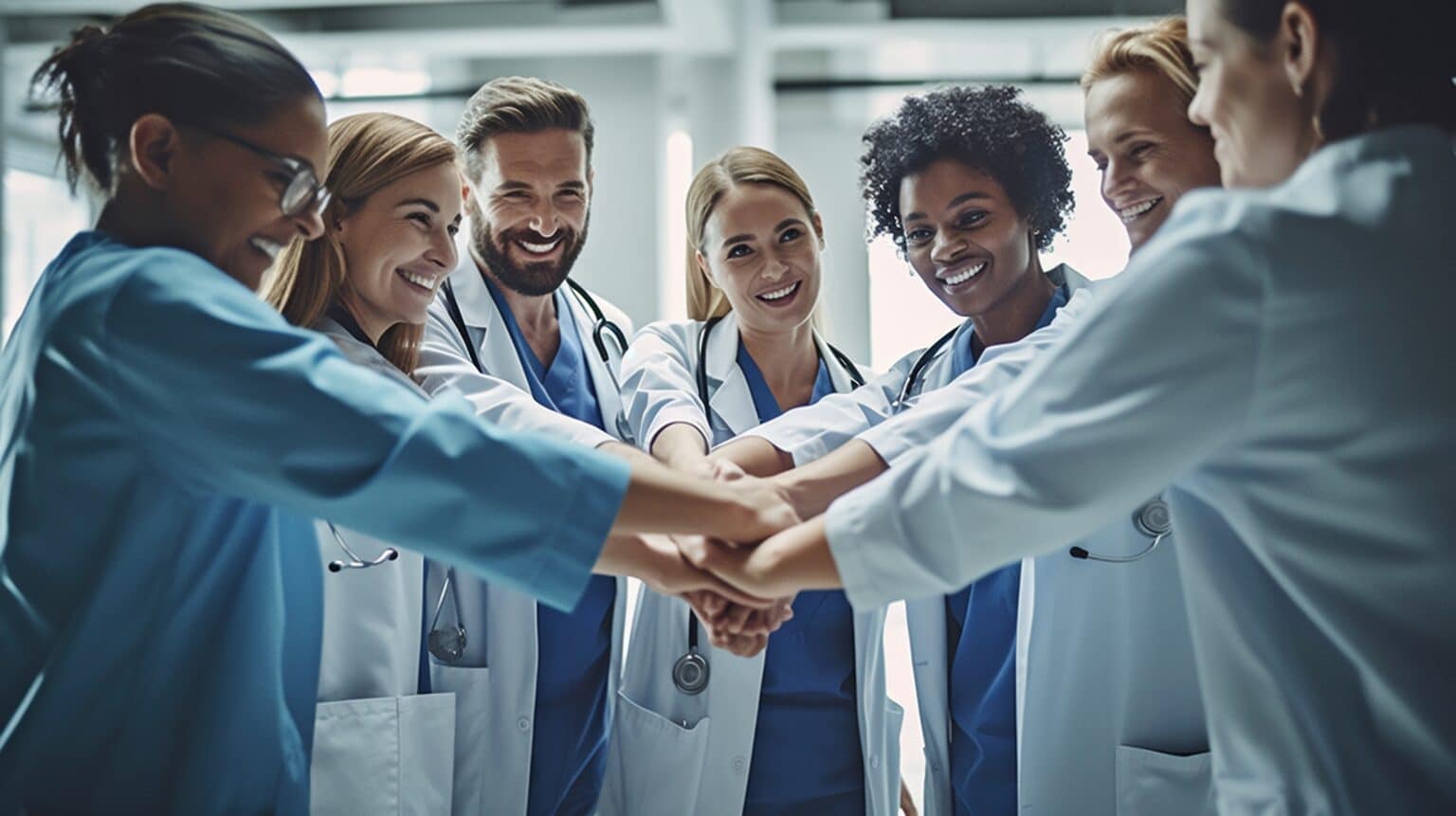 picture shows a group of doctors huddling and clasping hands together