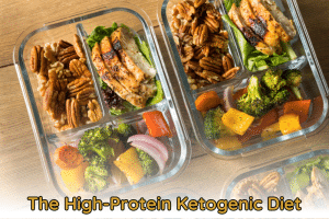 a photo of a chicken meal with vegetables, and a word below it: The High-Protein Ketogenic Diet