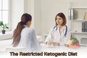 a photo of a woman consulting to a dietician and a word below it: The Restricted Ketogenic Diet