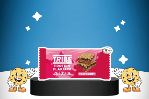 3-Layered Protein Flapjack Raspberry by TRIBE on a platform for best keto snacks