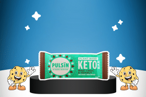 Mint Choc & Peanut Keto Bar by Pulsin on a platform for best keto snacks