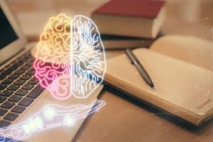 Double exposure of brain drawing and desktop with coffee and items on table background. Concept of research.