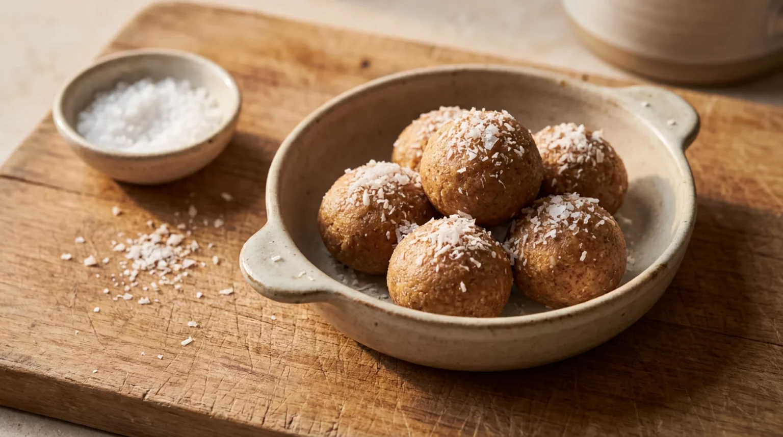Almond Butter and Coconut Fat Bombs — snacks — with almond butter (unsweetened), MCT oil, unsweetened shredded coconut, erythritol sweetener, vanilla extract, sea salt flakes — Ketology