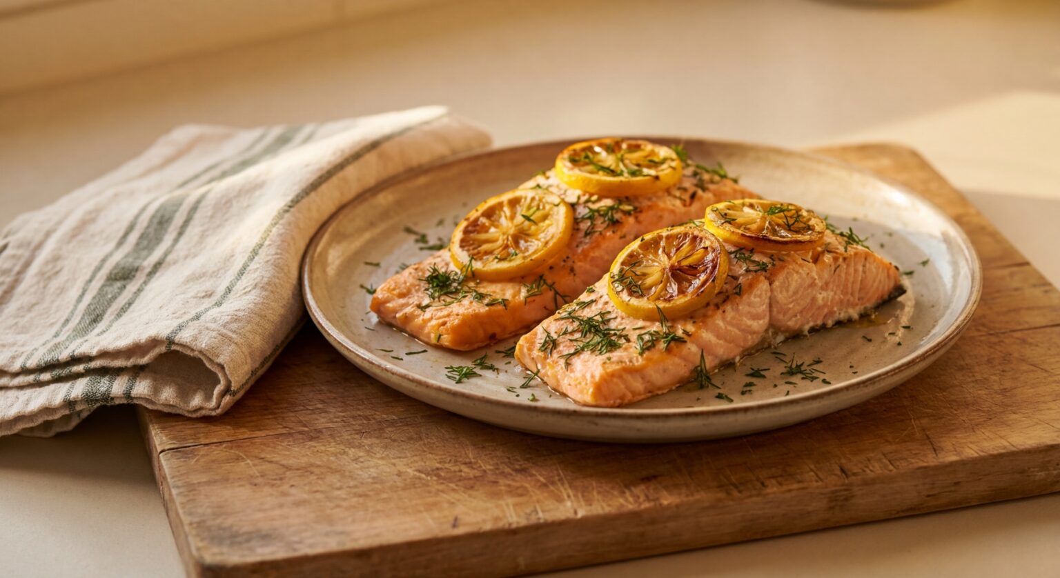 Baked Salmon with Lemon and Dill — dinner ideas — with salmon fillets, lemons, thinly sliced, fresh dill, chopped, cloves garlic, minced, olive oil, Salt and black pepper to taste — Ketology