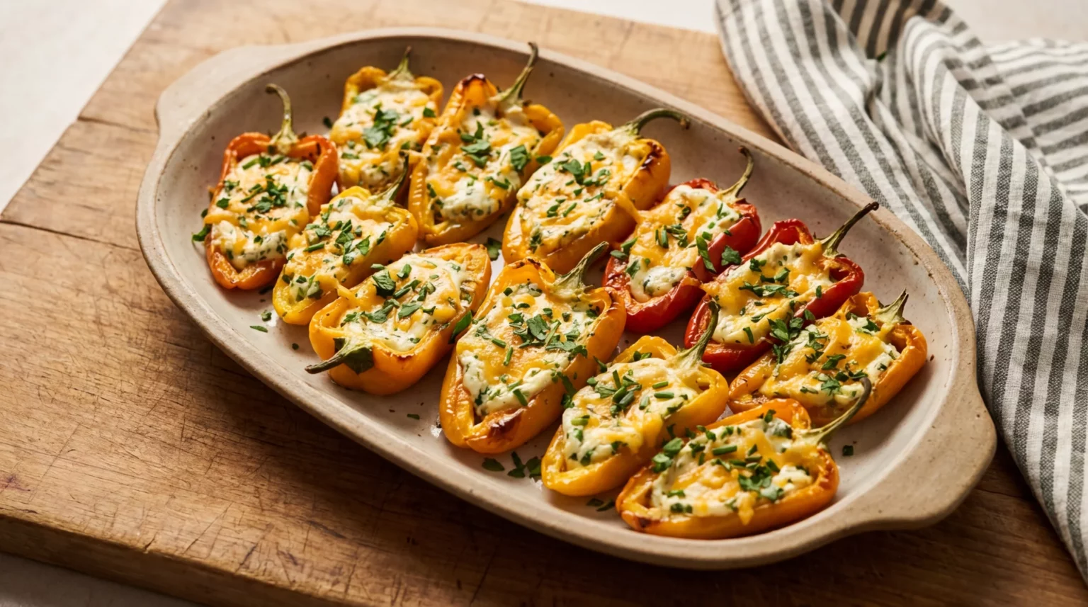 Herb Cream Cheese Stuffed Mini Peppers — snacks — with mini bell peppers, halved and seeds removed, cream cheese, softened, grated cheddar cheese, fresh parsley, finely chopped, fresh chives, finely chopped, garlic clove, minced — Ketology