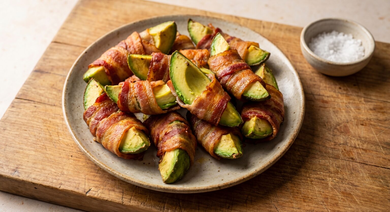 Keto Bacon-Wrapped Avocado Fries — snacks — with ripe avocados, cut into wedges, slices of bacon (choose keto-friendly, sugar-free bacon), almond flour, large eggs, garlic powder, paprika — Ketology