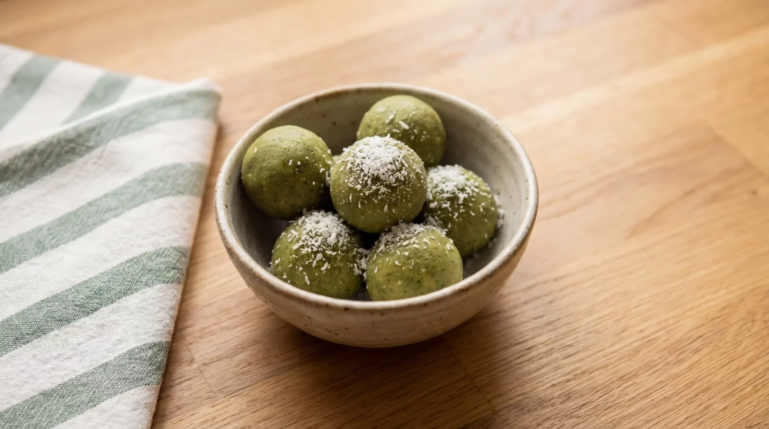 Matcha Coconut Fat Bombs — snacks — with coconut oil, melted, matcha powder, powdered stevia (adjust according to taste), vanilla extract (optional), Pinch of salt, Unsweetened shredded coconut, for garnish (optional) — Ketology
